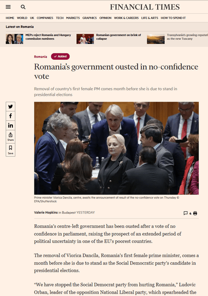 Articolul din FT despre caderea Guvernului Dancila, Foto: Hotnews