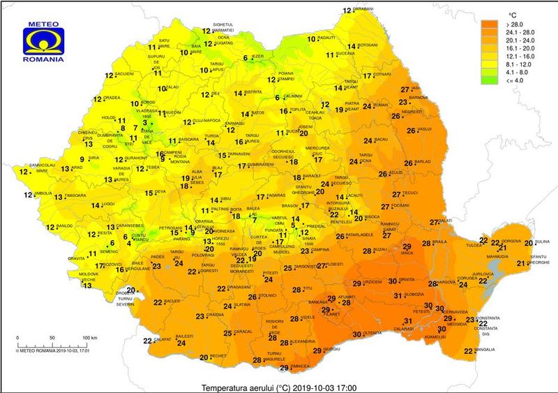 Temperaturile pe 3 octombrie la ora 17, Foto: ANM