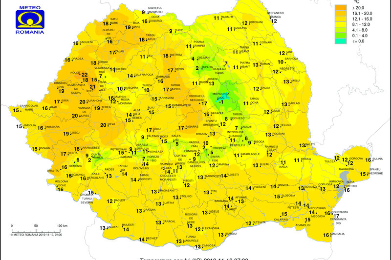 Temperaturile pe 13 noiembrie la ora 7, Foto: ANM
