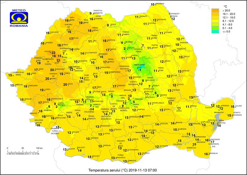 Temperaturile pe 13 noiembrie la ora 7, Foto: ANM
