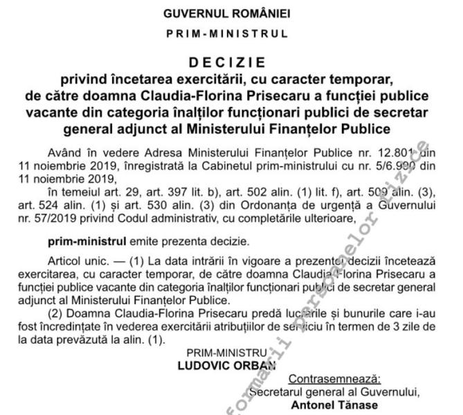 Decizia de eliberare din functie, Foto: Monitorul Oficial