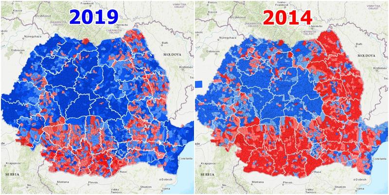 Alegerile prezidentiale pe localitati - 2019 vs 2014, Foto: Hotnews