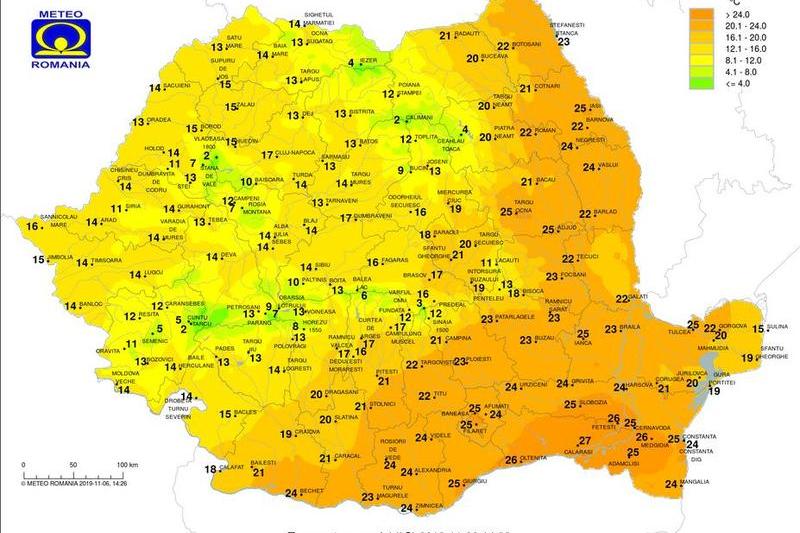 Temperaturile la ora 14 pe 6 noiembrie, Foto: INMH