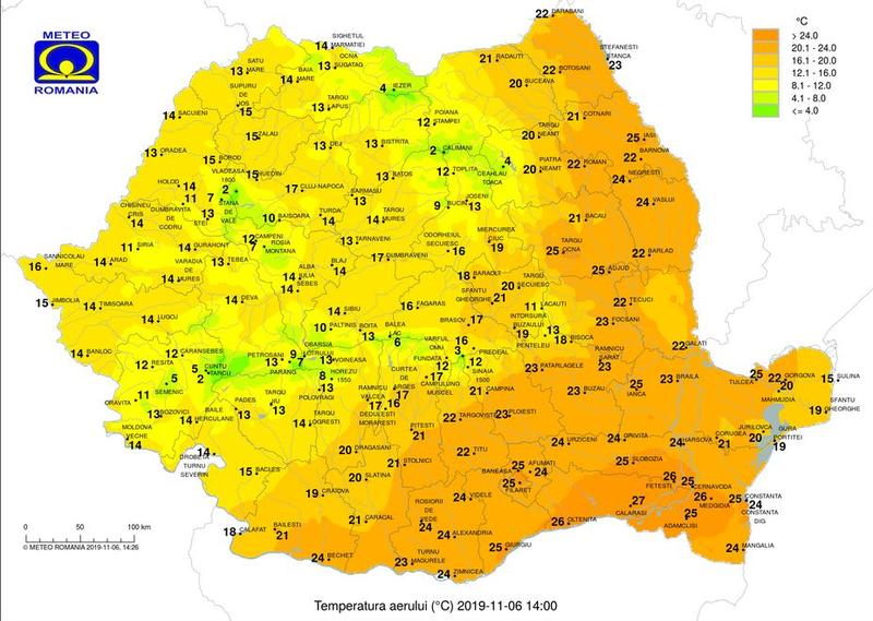 Temperaturile la ora 14 pe 6 noiembrie, Foto: INMH