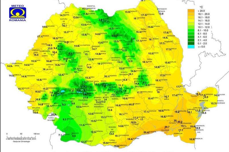 Temperaturile maxime pe 22 decembrie, Foto: ANM