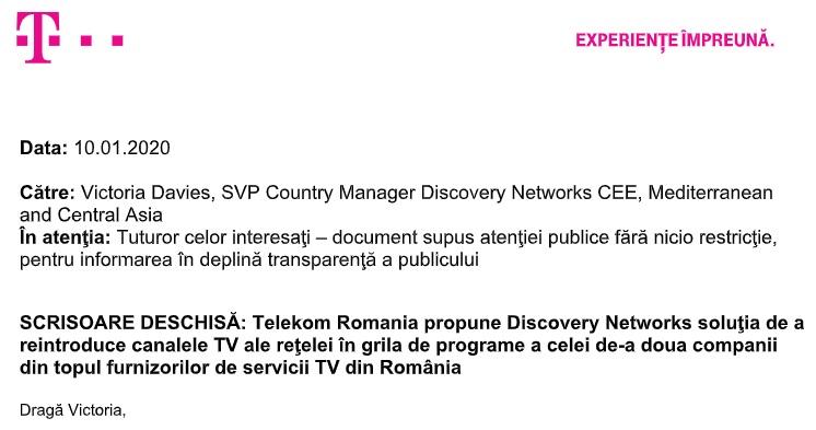 Scrisoare deschisa Telekom-Discovery, Foto: Captura ecran