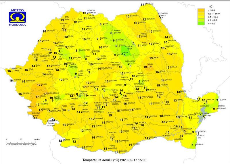 Temperaturile la ora 15 pe data de 17 februarie, Foto: ANM