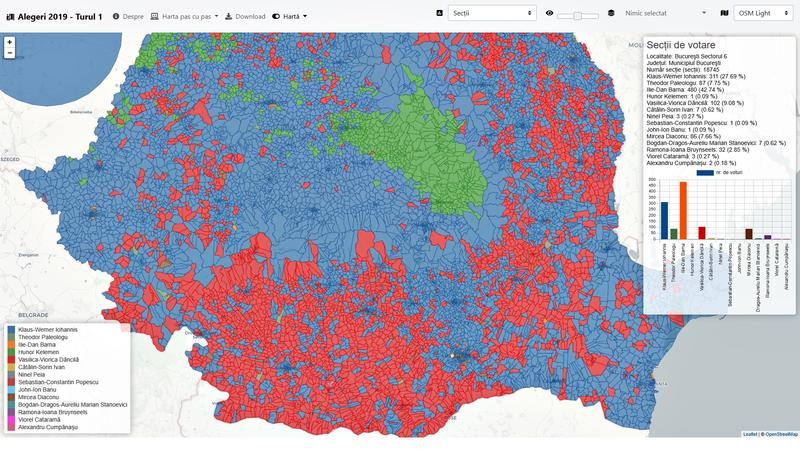 Aplicatie - Rezultatul alegerilor prezidentiale 2019 la nivel de sectie, Foto: geo-spatial.org