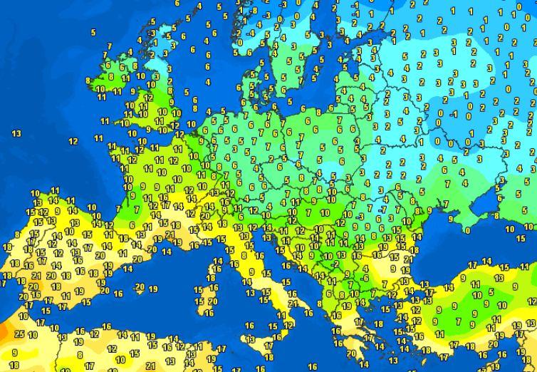 Vremea in Europa, la pranz pe 24 februarie 2020, Foto: Meteociel