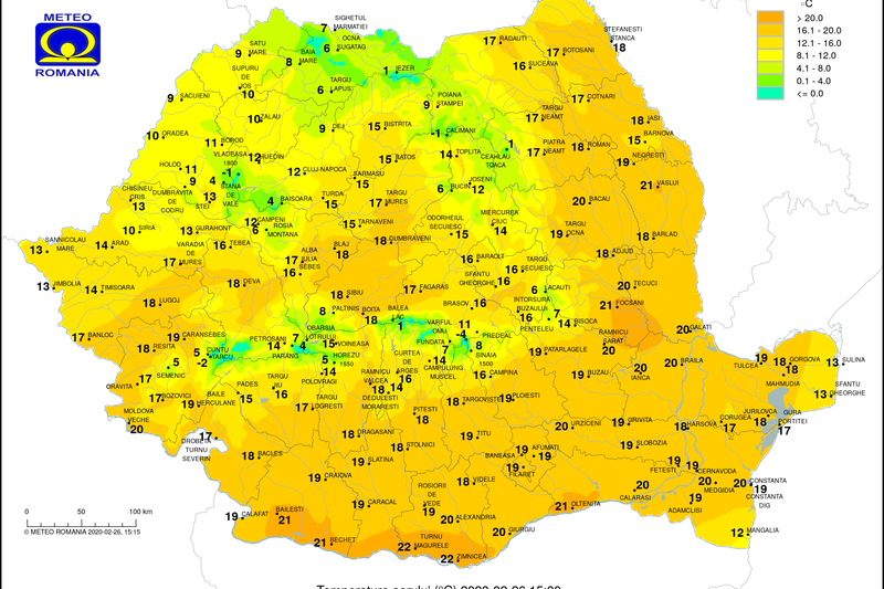 Temperaturile la ora 15 pe 26 februarie 2020, Foto: ANM