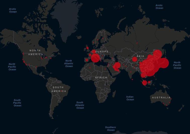 Harta epidemiei Covid-19, Foto: Johns Hopkins University