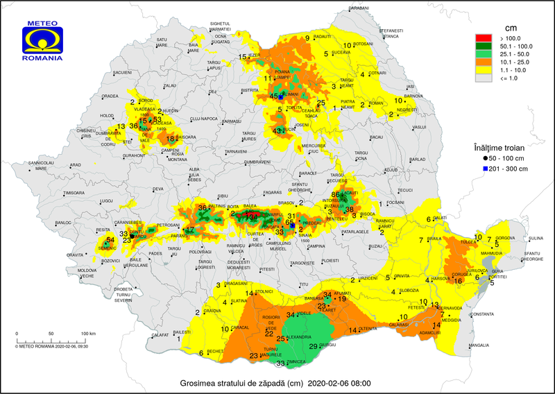 Stratul de zapada pe 6 februarie la ora 8.00, Foto: ANM