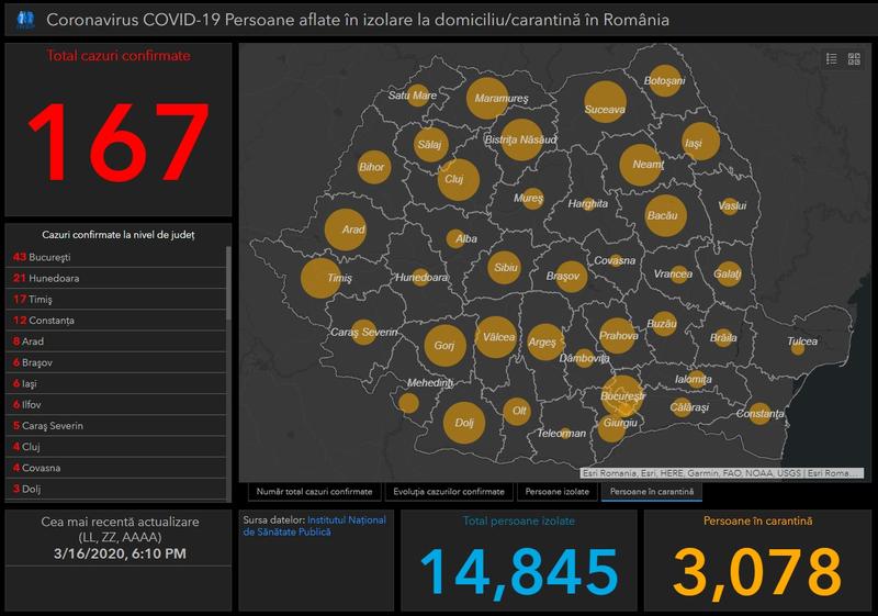 Coronavirus in Romania - Harta - situatia pe judete - Luni, 16 martie, Foto: INSP