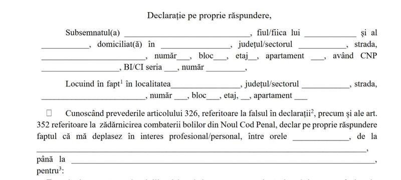 Partea de inceput a declaratiei necesara pentru deplasare, Foto: gov.ro