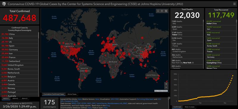 Dashboardul GIS realizat de JHU pe platforma ArcGIS, Foto: Captura de ecran