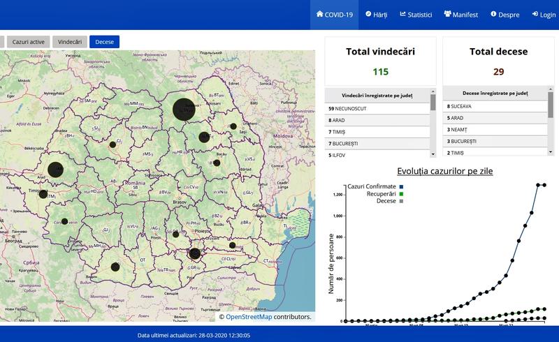 Harta deceselor de coronavirus in Romania, Foto: geo-spatial.org