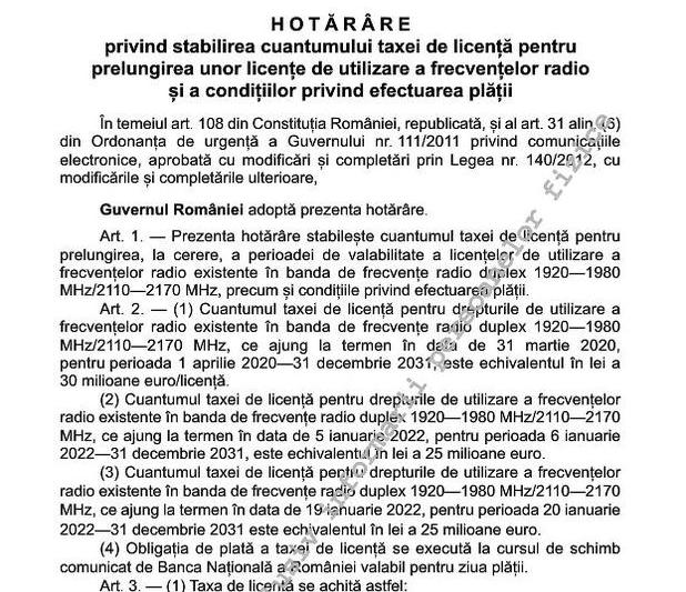 Prelungire licente 3G, Foto: Captura Monitorul Oficial