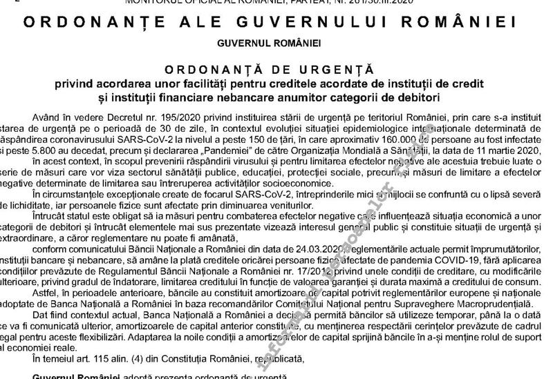 Ordonanta privind amanarea platii ratelor la credite, Foto: monitoruloficial.ro