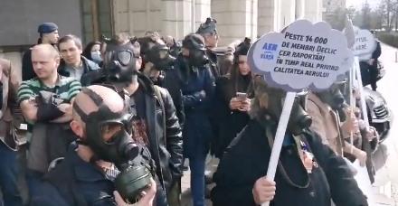 protest cu masti de gaze la Ministerul Mediului, Foto: Captura video