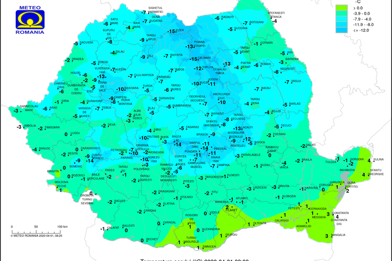 Temperaturile la ora 8 pe 1 aprilie 2020, Foto: ANM