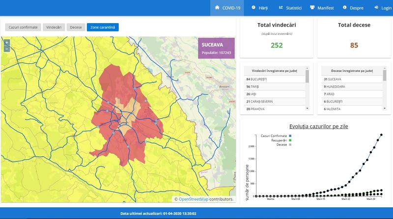 Zona din Suceava aflata in carantina totala - Harta deceselor de coronavirus - 1 aprilie, Foto: geo-spatial.org