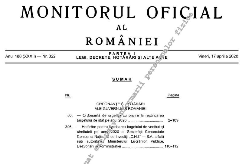 Rectificare bugetara ca raspuns la coronavirus, Foto: Monitorul Oficial
