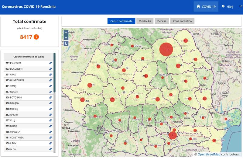 Harta cazurilor de coronavirus in judete - 18 aprilie, Foto: Hotnews