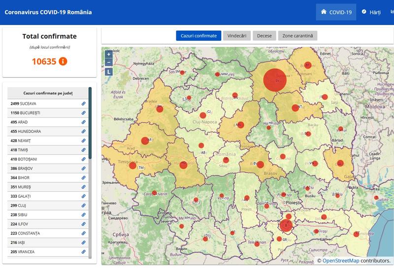 Harta cazurilor de coronavirus in judete - 25 aprilie, Foto: geo-spatial.org