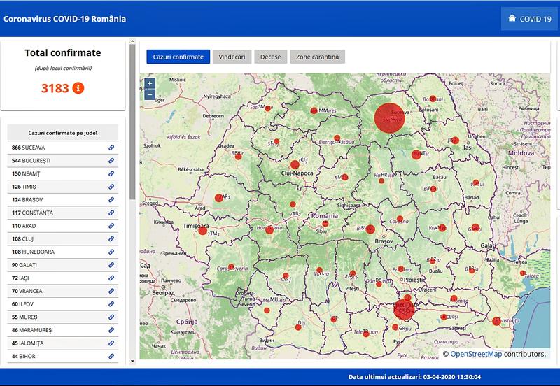 Harta cazurilor de coronavirus pe judete - 3 aprilie, Foto: Hotnews
