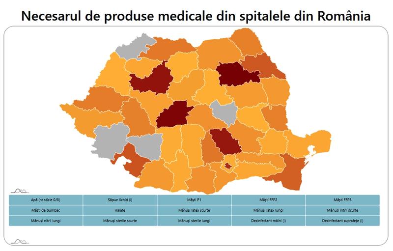 Harta - necesarul de produse medicale din spitalele din România, Foto: Captura de ecran