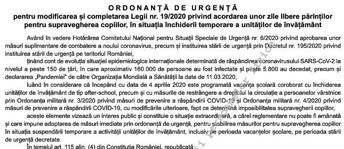 Ordonanta de urgenta zile libere parinti vacanta coronavirus covid 19, Foto: Monitorul Oficial