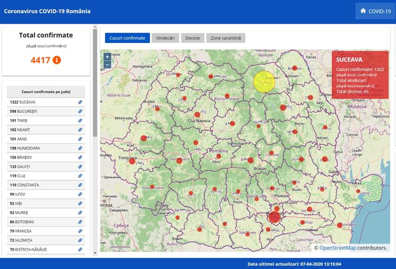 Harta cazurilor de coronavirus pe judete - 7 aprilie, Foto: Hotnews