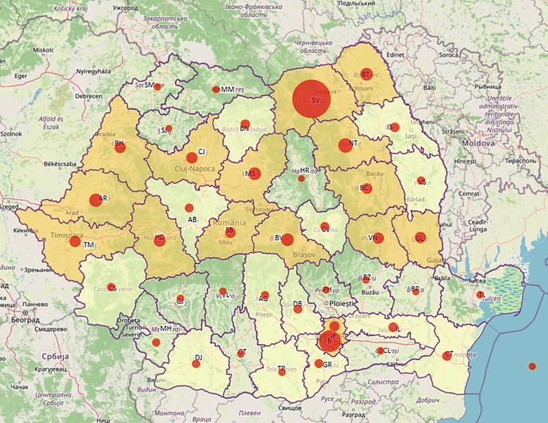 Harta cazurilor de coronavirus in judete - 12 mai, Foto: geo-spatial.org