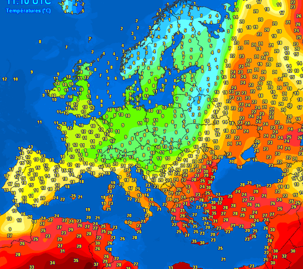 Temperaturile in Europa la pranz, pe 12 mai, Foto: Meteociel