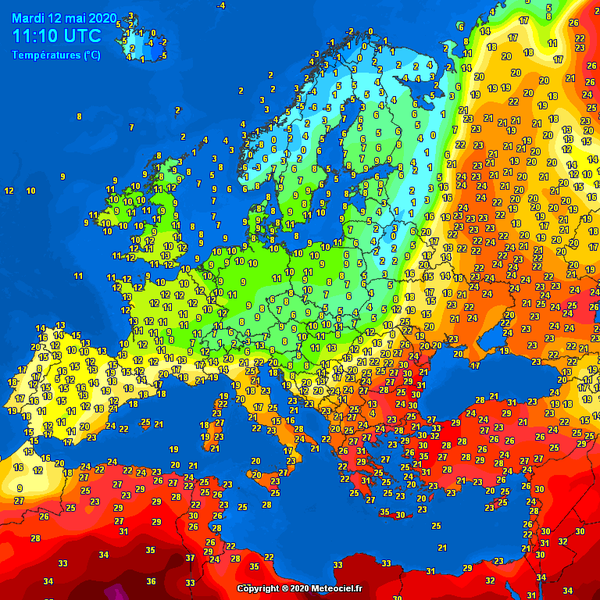 Temperaturile in Europa la pranz, pe 12 mai, Foto: Meteociel