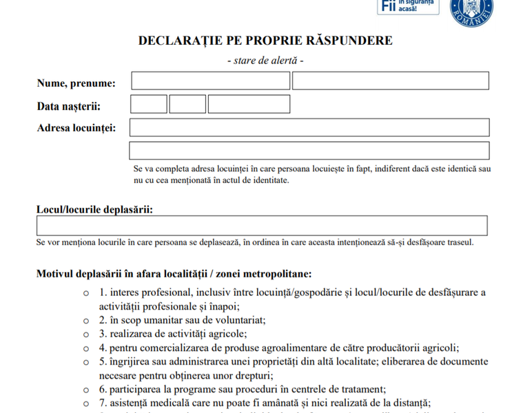 captura declaratie pentru iesirea din localitate, Foto: Hotnews