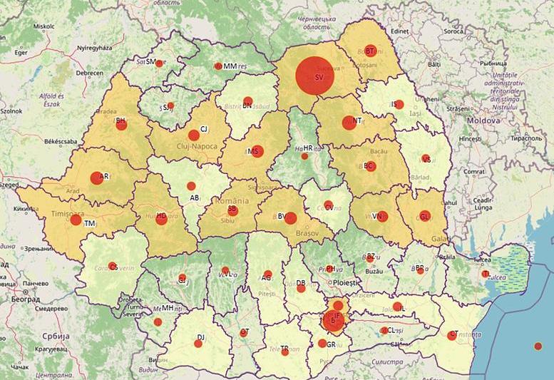 Harta cazurilor de coronavirus in judete - 15 mai, Foto: geo-spatial.org