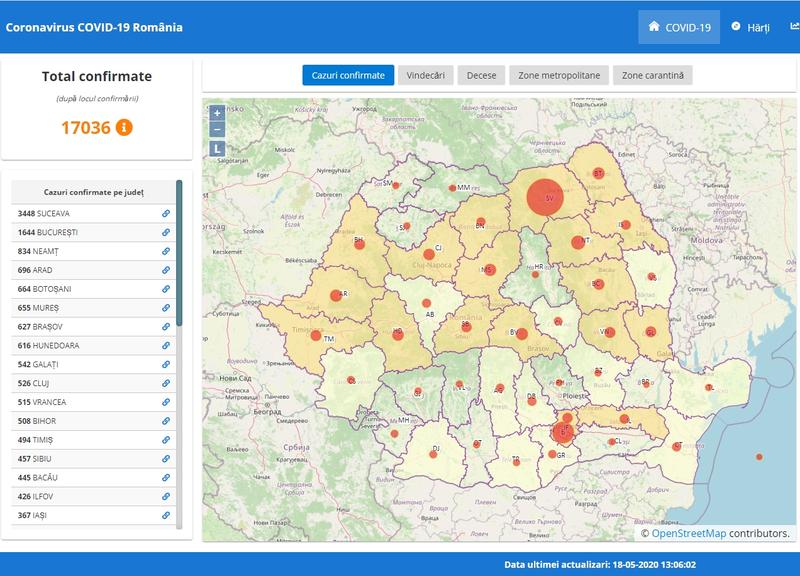 Harta cazurilor de coronavirus in judete - 18 mai, Foto: geo-spatial.org