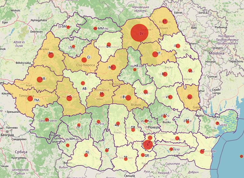 Harta cazurilor de coronavirus in judete - 4 mai, Foto: geo-spatial.org