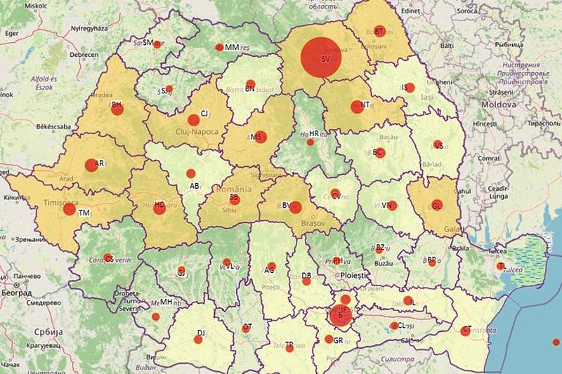 Harta cazurilor de coronavirus in judete - 5 mai, Foto: geo-spatial.org