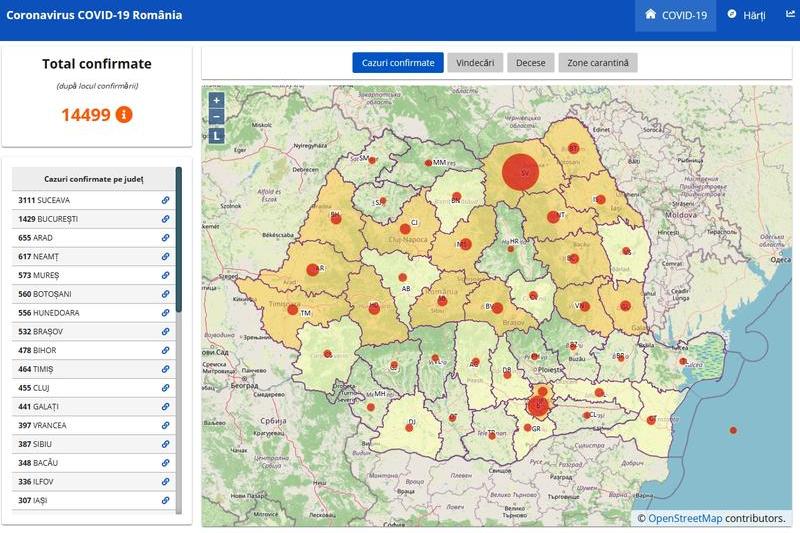 Harta cazurilor de coronavirus in judete - 7 mai, Foto: geo-spatial.org
