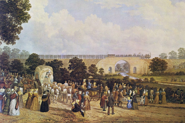 Inaugurarea liniei ferate între Stockton și Darlington, în septembrie 1825 | Pictură de John Dobbin, circa 1875, Foto: Wikipedia