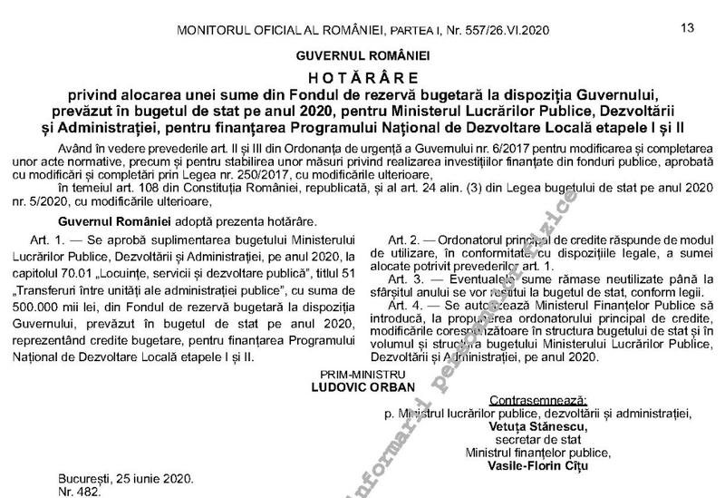 Bani pentru primarii din Fondul de rezerva, Foto: Monitorul Oficial