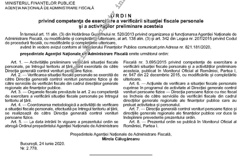 Ordin ANAF privind directia care va verifica persoanele fizice, Foto: Monitorul Oficial