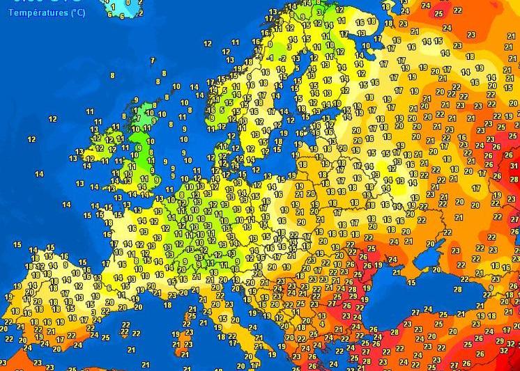 Maximele in Europa pe 5 iunie la pranz, Foto: Meteociel