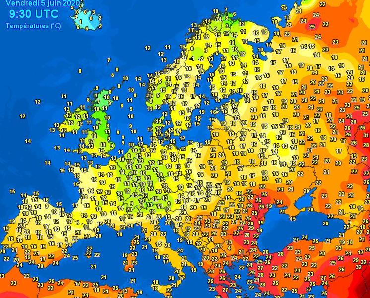 Maximele in Europa pe 5 iunie la pranz, Foto: Meteociel