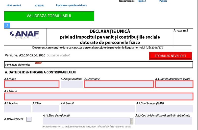 Declaratie unica 2020 formular inteligent editabil, Foto: ANAF