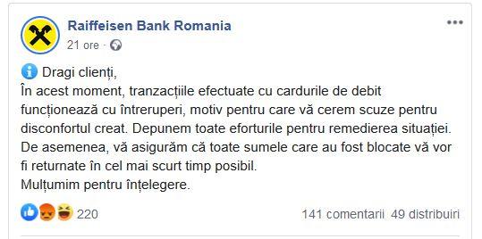 Probleme in reteaua Raiffeisen Bank, Foto: Captura Facebook