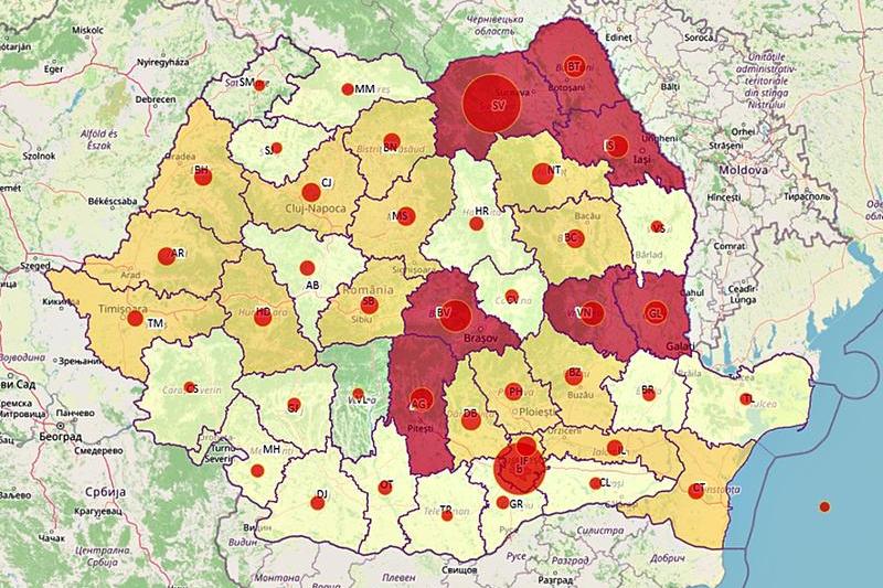 Harta Coronavirus in judete - 9 iulie, Foto: geo-spatial.org