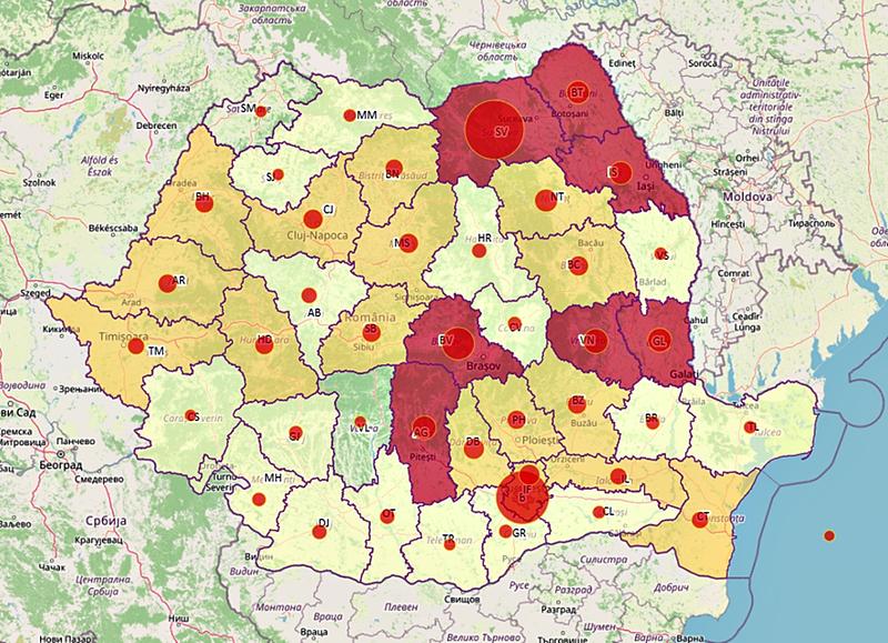 Harta Coronavirus in judete - 9 iulie, Foto: geo-spatial.org